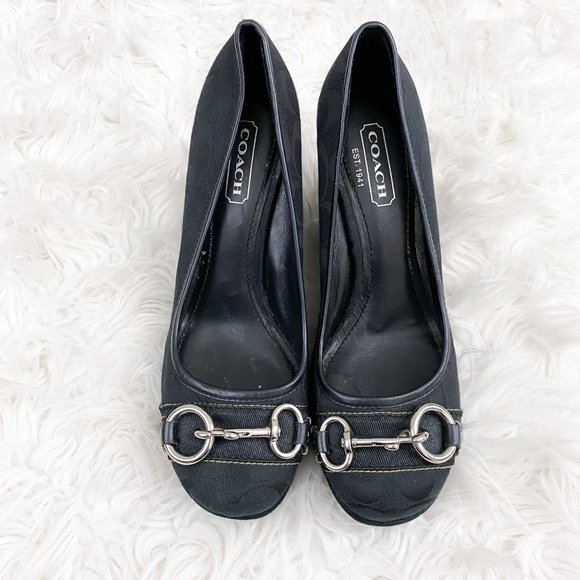 Coach Issy Black Logo Wedge Buckle Heels size 8 - Picture 2 of 6